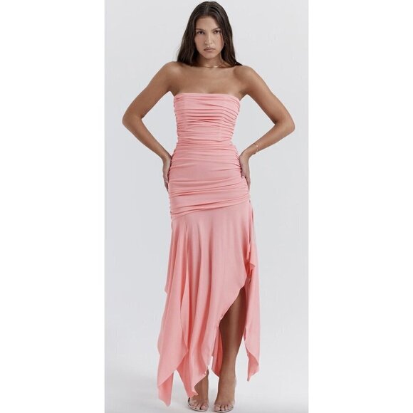 HOUSE OF CB Ivana Gathered Asymmetric Dress in Apricot Size Large - Picture 10 of 14